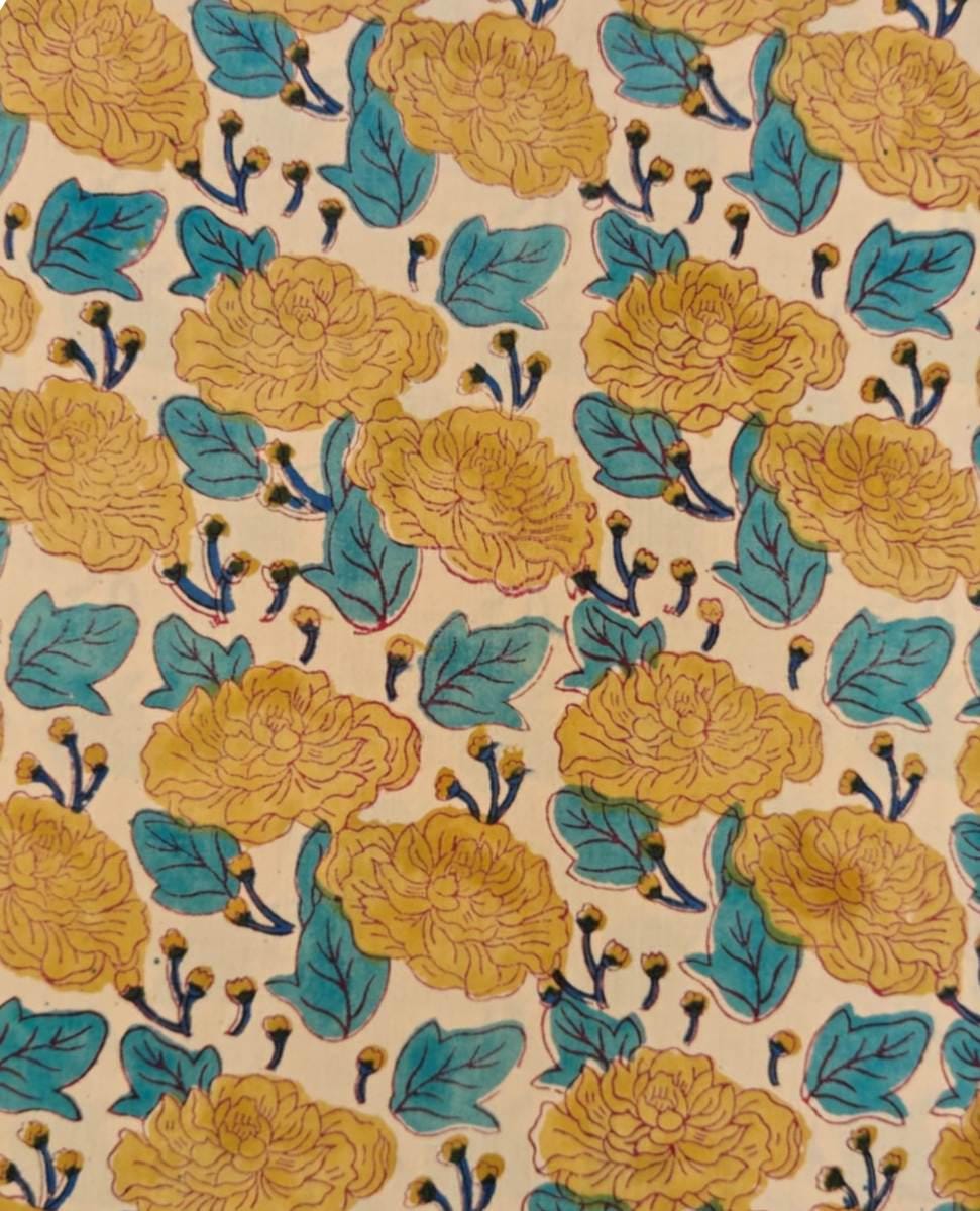 Yellow Floral Cotton Fabric, Hand Block Print Fabric, Indian Cotton Textile, Mustard Flower Fabric, Teal Leaf Botanical Quilting Fabric
