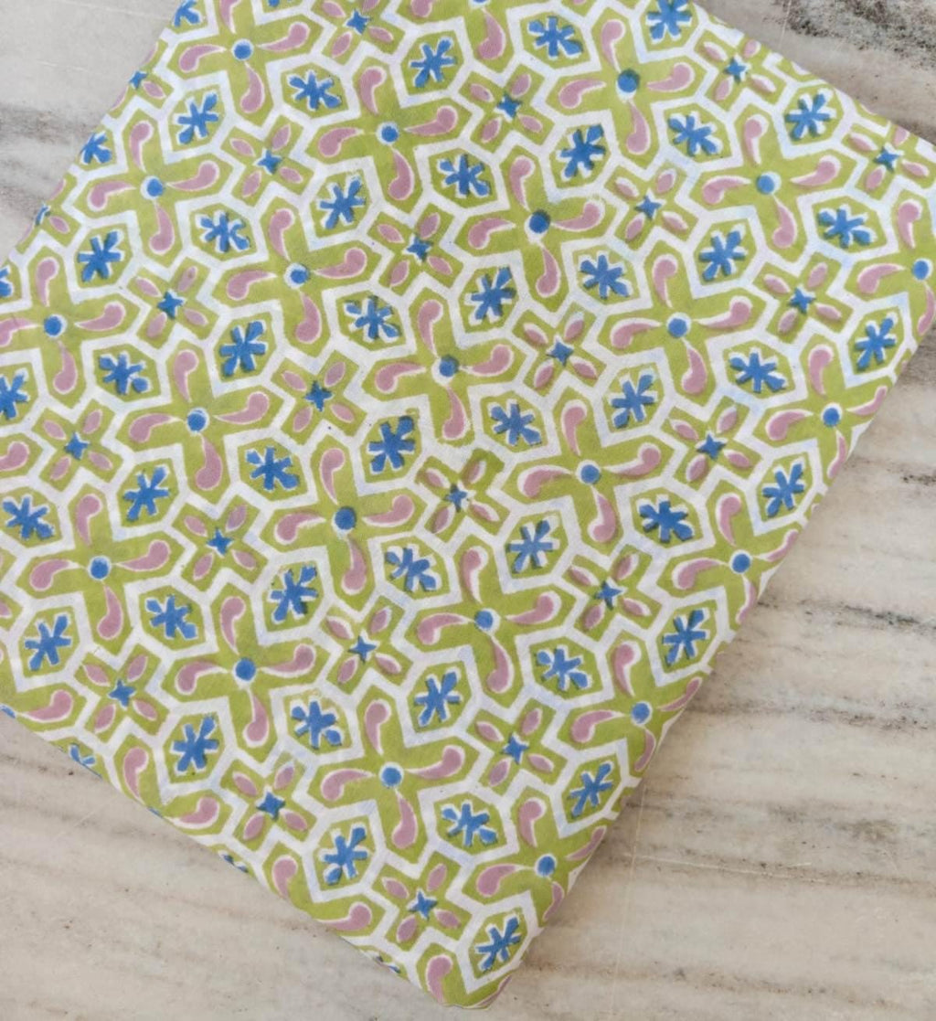 Green Geometric Floral Cotton Fabric, Hand Block Print Style Pink & Blue Printed Cotton, Indian Dressmaking Quilting Craft Fabric by Yard