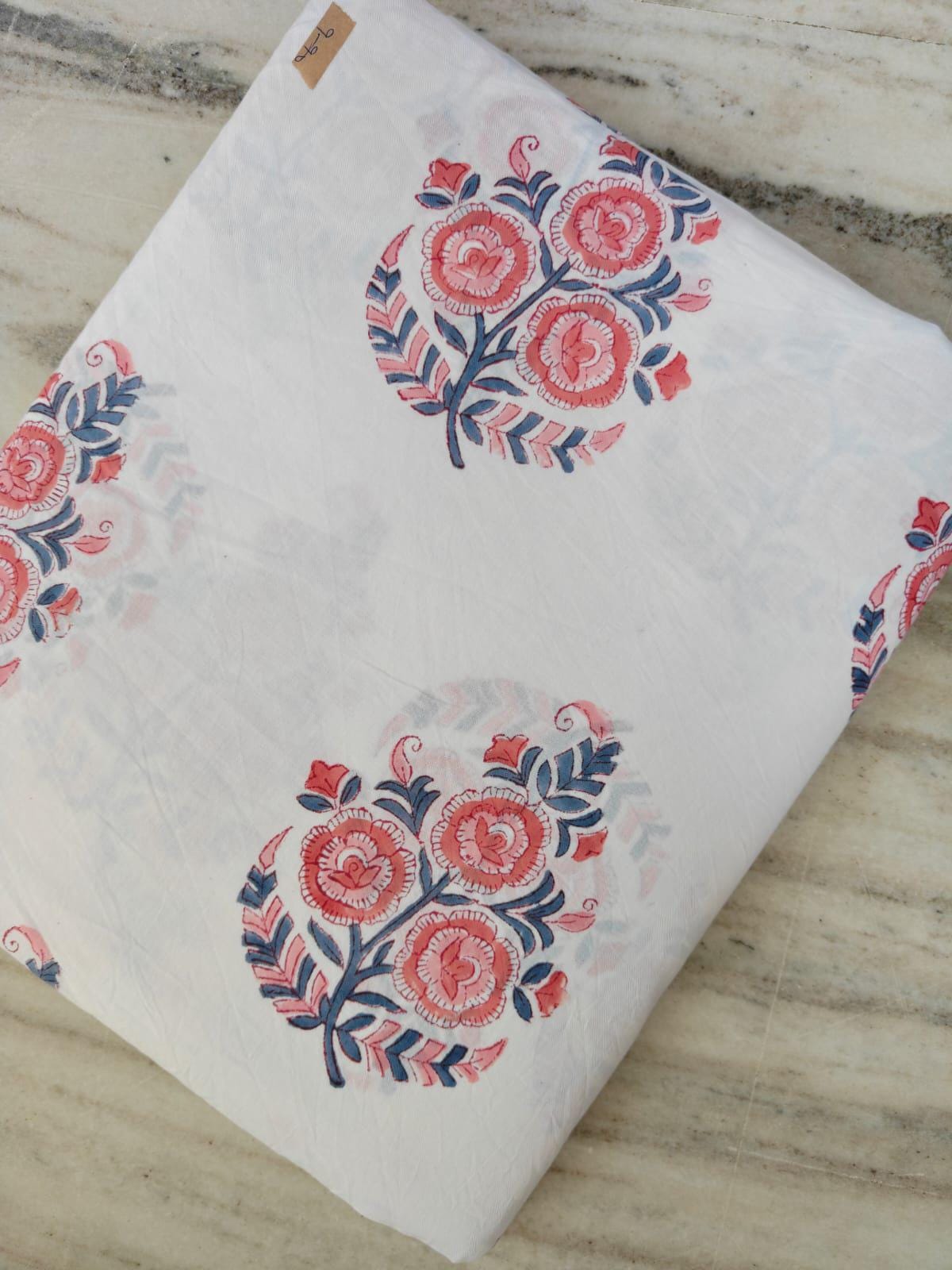 Pink Blue Floral Cotton Fabric, Indian Block Print Fabric, White Floral Cotton Fabric by the Yard, Hand Block Fabric, Dressmaking Fabric