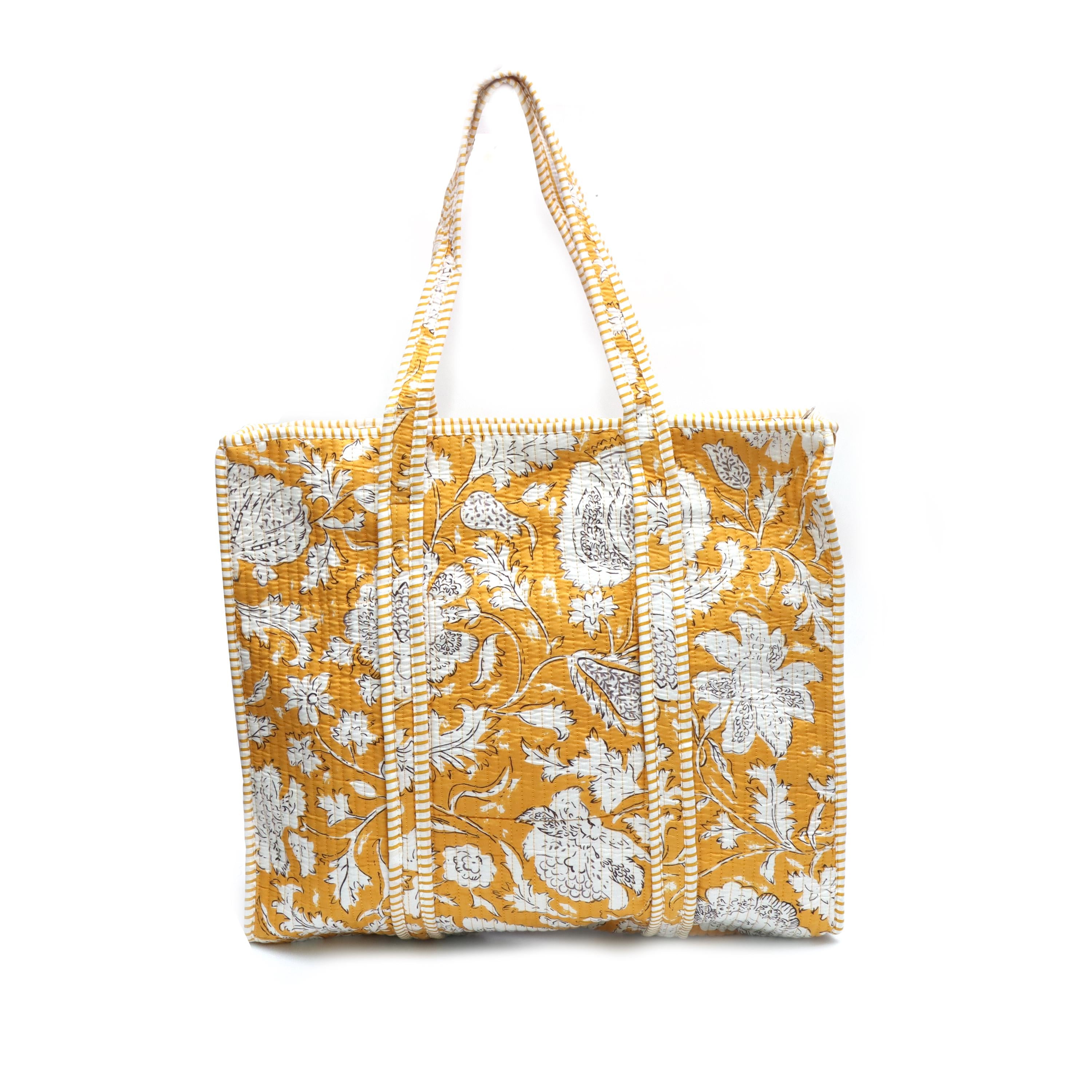 Mustard Handmade Quilted Cotton Tote Bag, Floral Shoulder Bag, Large Everyday Tote Purse, Block Print Market Bag, Shopper Gift for Women