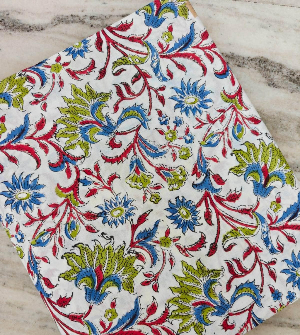 Floral Cotton Fabric, Block Print Fabric, Indian Hand Block Print Fabric, Boho Flower Fabric, Red Blue Green Fabric by Yard, Craft Fabric
