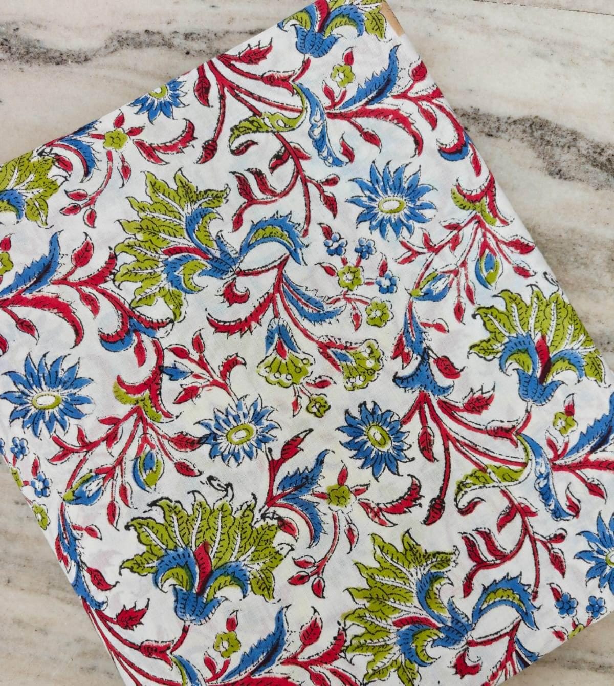 Floral Cotton Fabric, Block Print Fabric, Indian Hand Block Print Fabric, Boho Flower Fabric, Red Blue Green Fabric by Yard, Craft Fabric