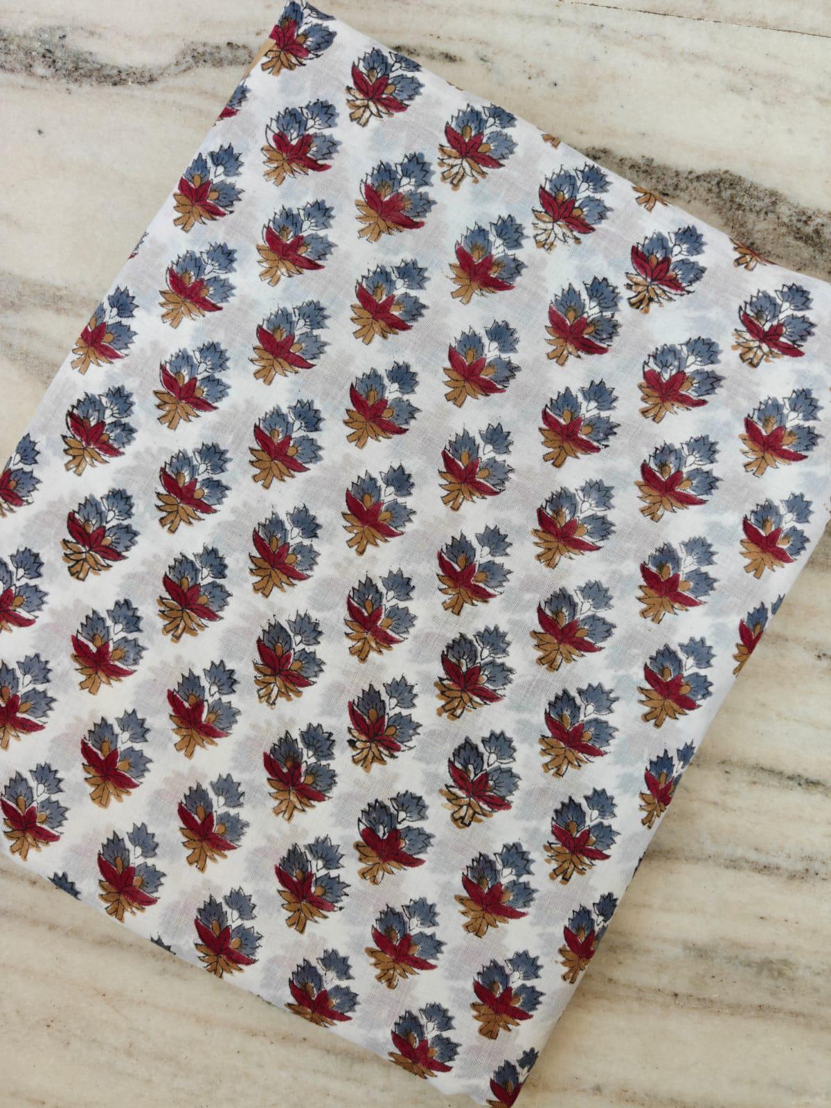 Hand Block Print Cotton Fabric, Red & Blue Floral Buti on White, Lightweight Indian Cotton for Dressmaking, Quilting Sewing Projects