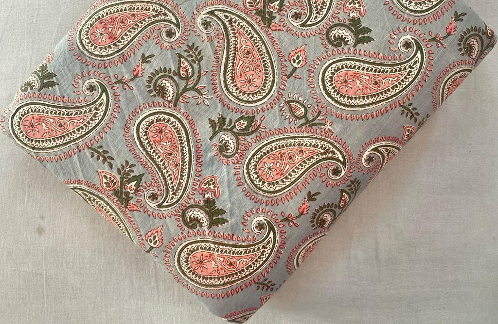 Hand Block Print Cotton Fabric: Green Floral Paisley Quilting Fabric