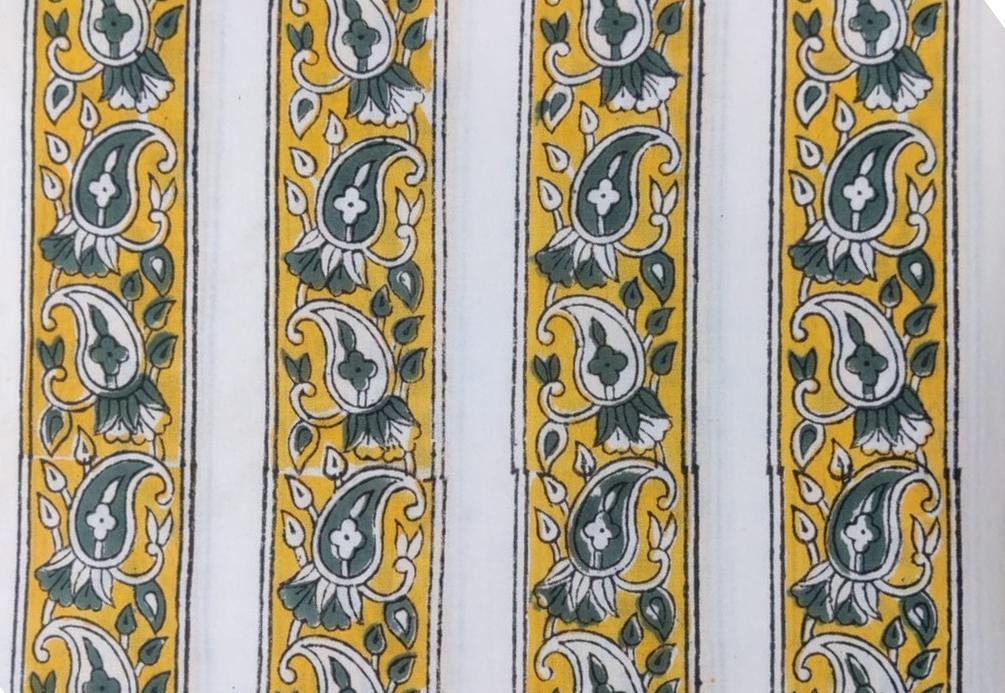 White Cotton Fabric with Yellow Green Paisley Stripes, Indian Hand Block Print Fabric by the Yard, Soft Cotton Fabric, Dressmaking & Crafts