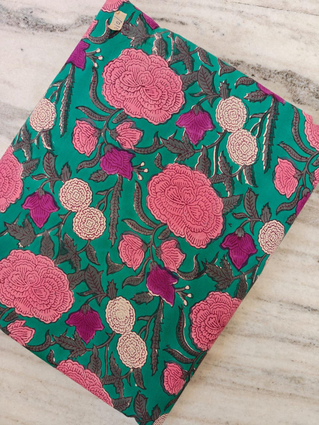 Green Floral Block Print Cotton Fabric, Pink Rose Indian Fabric, Hand Block Printed Cotton Yardage, Boho Dressmaking Quilting Craft Textile