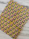 Yellow Floral Cotton Fabric, Hand Block Print Fabric, Pink Green Flower Print, Indian Cotton Textile, Sewing Craft Fabric, Summer Dress