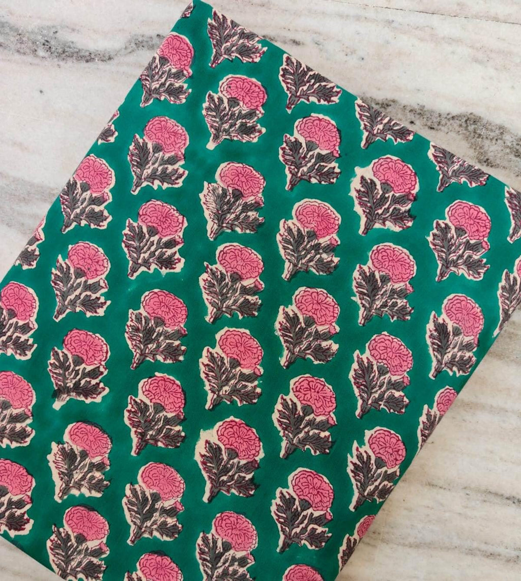 Green Floral Cotton Fabric, Pink Hand Block Print Indian Fabric, Botanical Cotton Textile, Soft Cotton Yardage, Dressmaking Craft Fabric