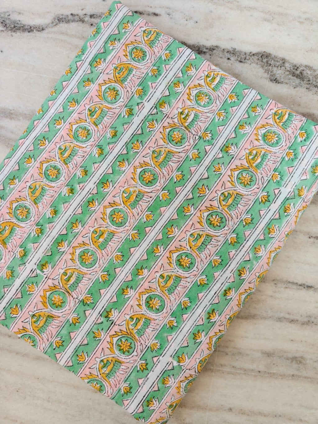 Hand Block Print Cotton Fabric, Green & Pink Floral Stripe Fabric, Indian Handmade Cotton by the Yard, Boho Craft Sewing Fabric, Napkins