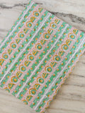 Hand Block Print Cotton Fabric, Green & Pink Floral Stripe Fabric, Indian Handmade Cotton by the Yard, Boho Craft Sewing Fabric, Napkins