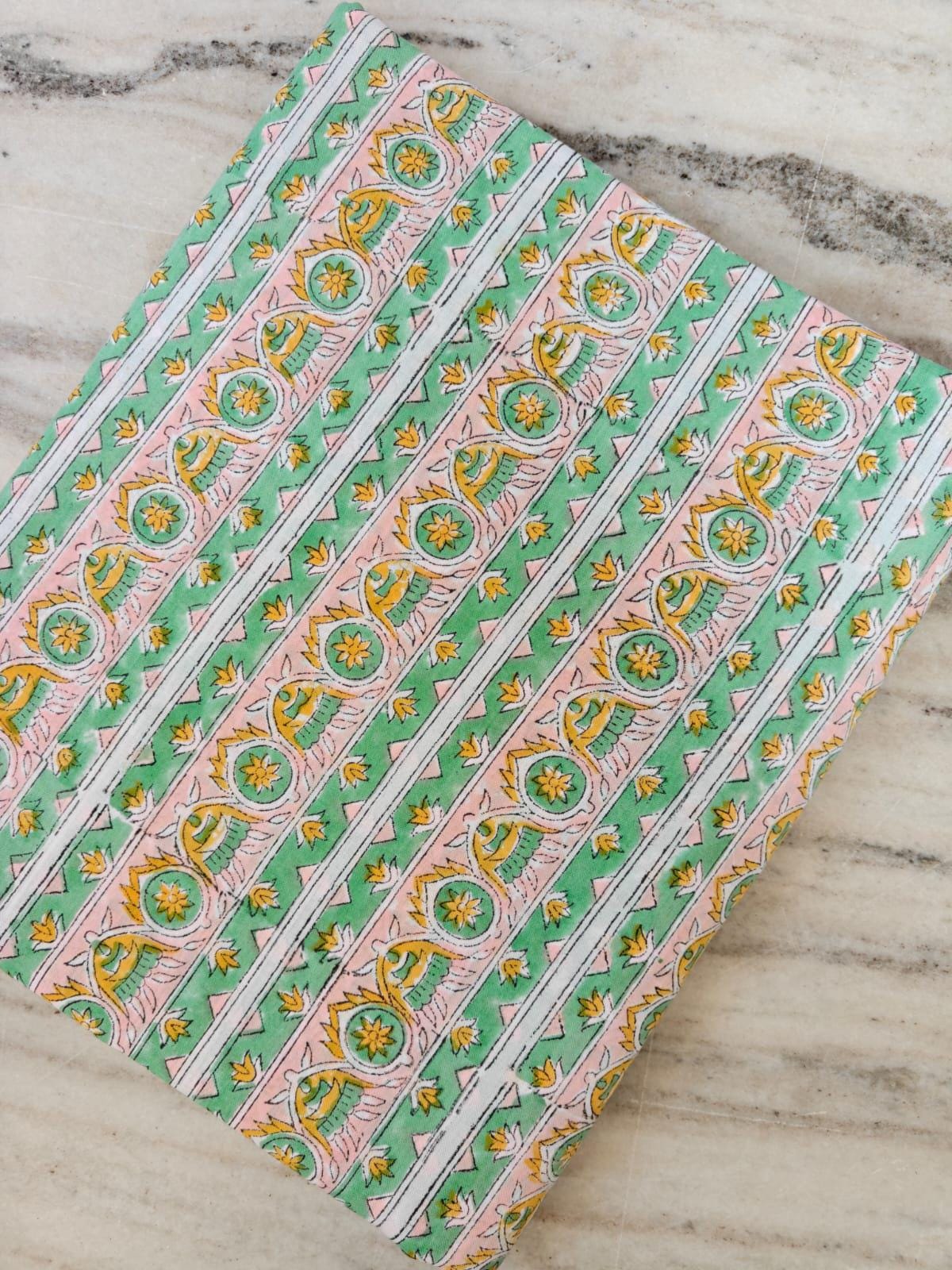 Hand Block Print Cotton Fabric, Green & Pink Floral Stripe Fabric, Indian Handmade Cotton by the Yard, Boho Craft Sewing Fabric, Napkins