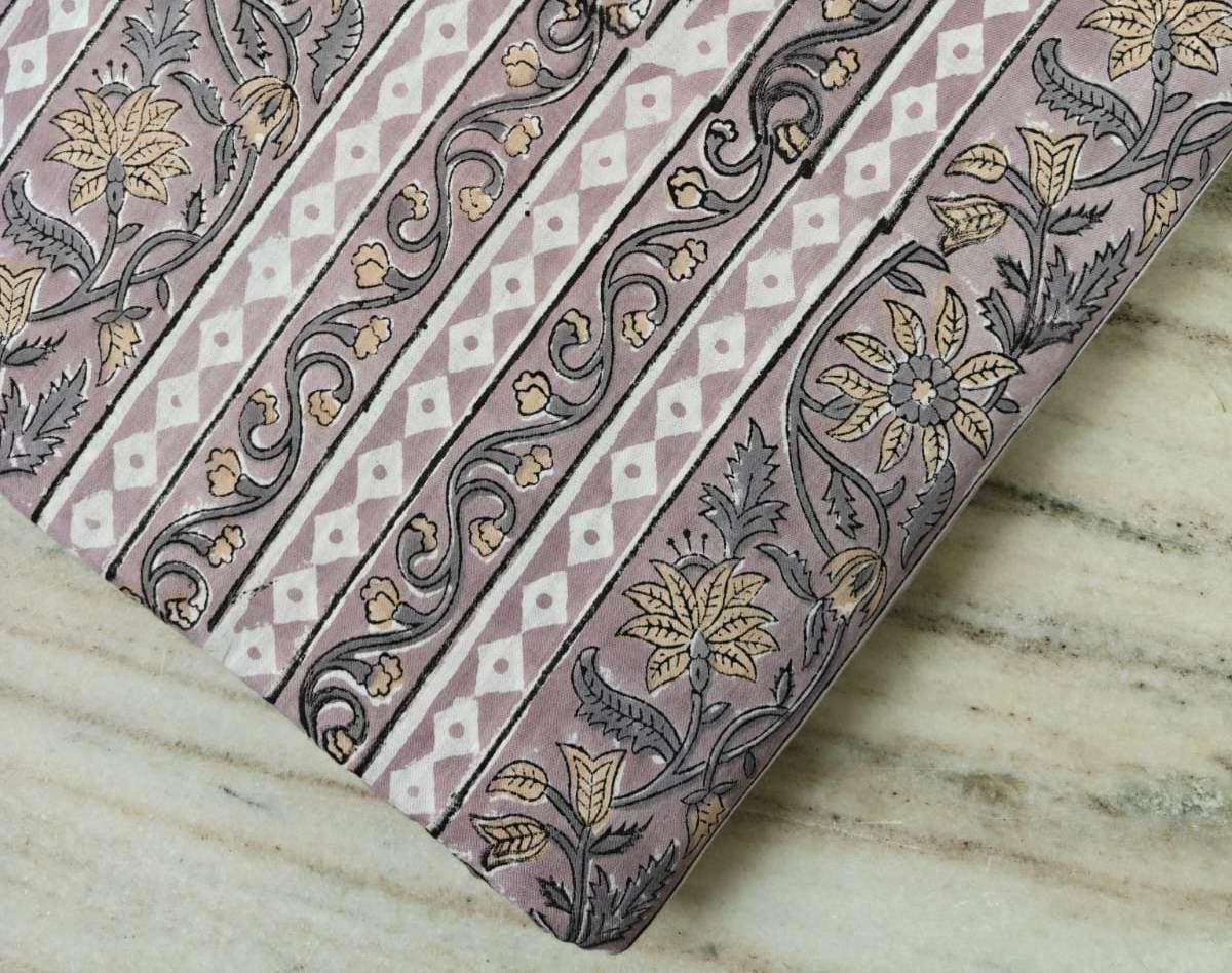 Striped Floral Cotton Fabric, Purple Hand Block Print Fabric by the Yard, Indian Soft Cotton with Beige Flowers for Quilting, Dressmaking