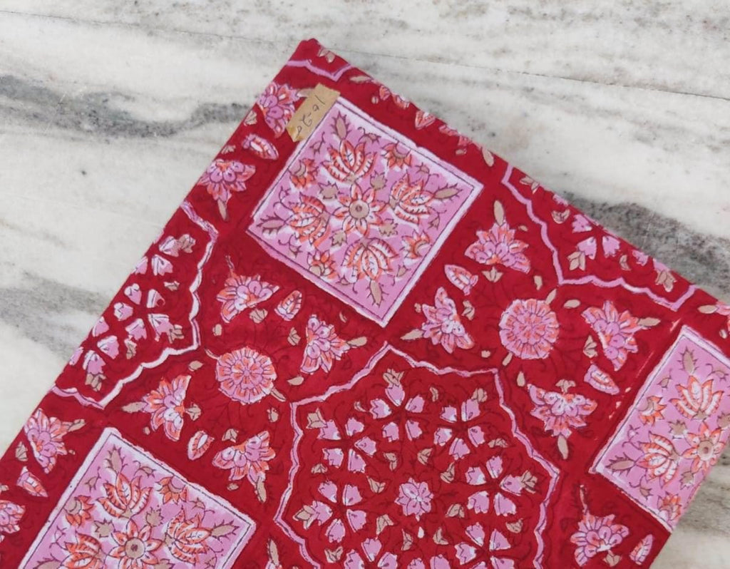 Red Designer Hand Block Print Fabric, Floral Cotton Quilting Fabric By The Yard, Dressmaking Fabric, Loose Running Fabric, Textile Fabric