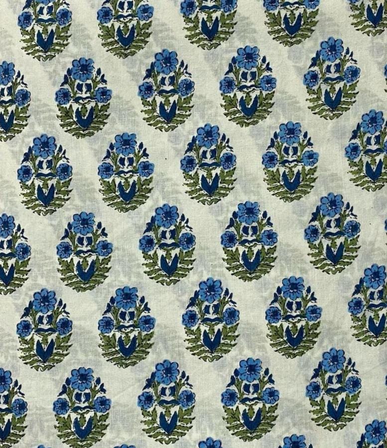 Blue Floral Cotton Fabric by the Yard Indian Block Print Fabric Hand Printed Cotton Fabric Soft Lightweight Fabric for Quilting Dressmaking