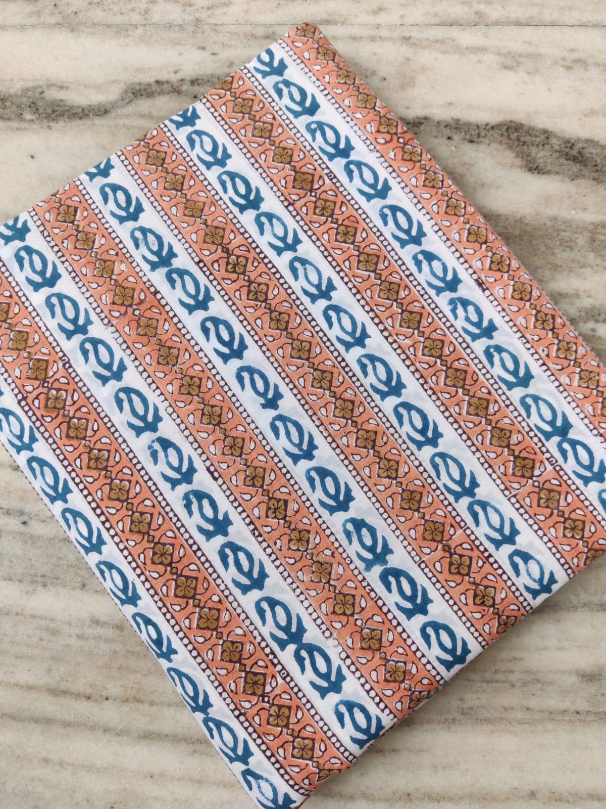 Orange Blue Block Print Cotton Fabric | Striped Floral Printed Fabric by the Yard | Soft Cotton for Quilting, Sewing, Dressmaking, Crafts