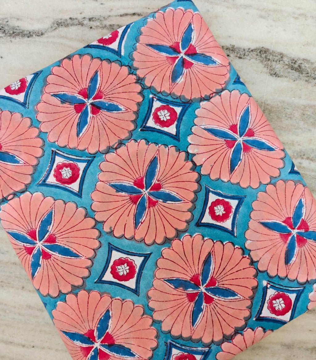 Hand Block Print Cotton Fabric, Floral Geometric Pattern, Blue Pink Indian Cotton, Quilting Sewing Craft Fabric, Soft Breathable Fabric