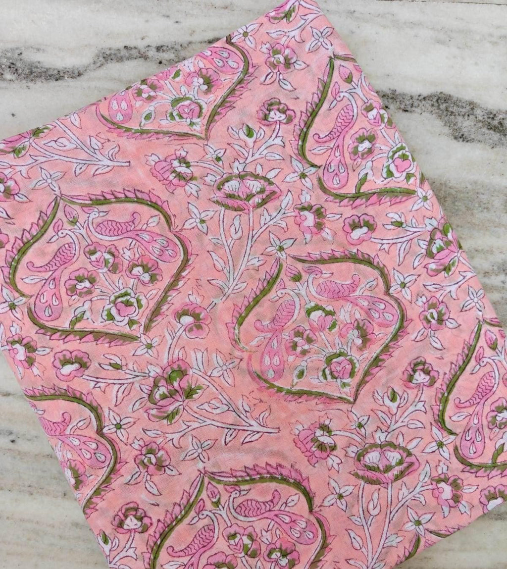 Pink Paisley Cotton Fabric, Hand Block Print Fabric, Indian Floral Textile, Soft Lightweight Cotton for Dressmaking, Quilting & Craft Fabric