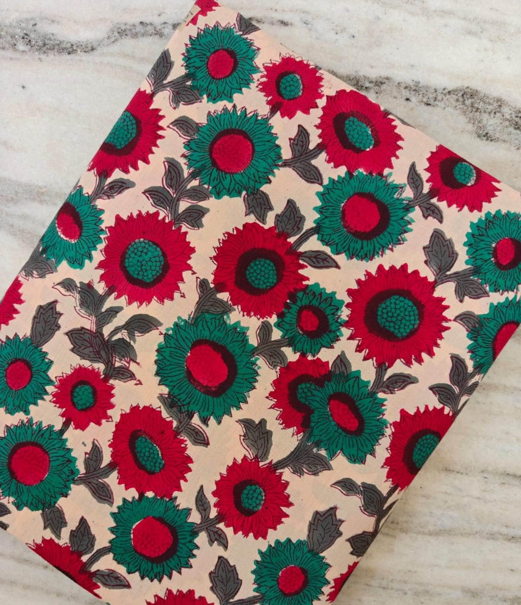 Vintage Sunflower Floral Cotton Fabric by the Yard, Red and Teal Sunflower Print on Beige, Vintage Style Flower Fabric Quilting Sewing Craft