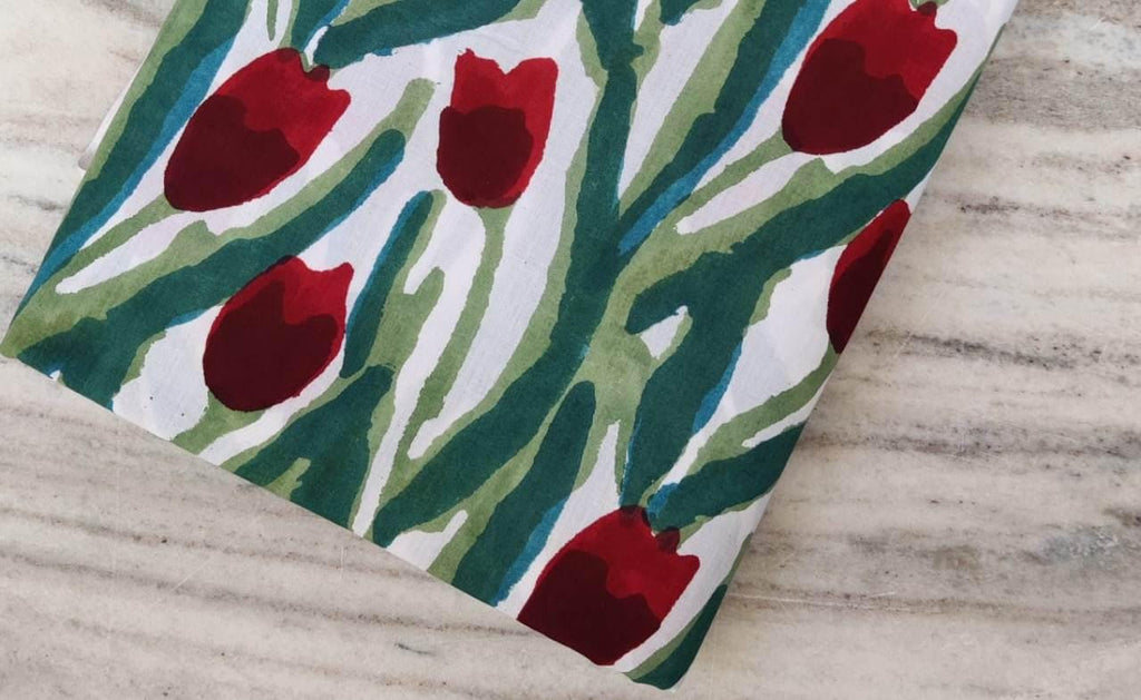 Hand Block Printed Fabric Soft Fabric, Red Flowers 100% Cotton Material Fabric By The Yard, Dress Making Running Fabric, Apparel Quilting
