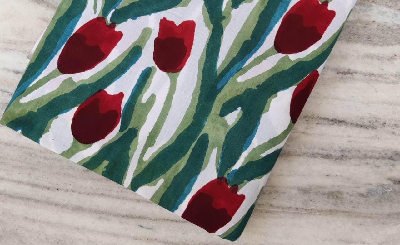 Hand Block Printed Fabric Soft Fabric, Red Flowers 100% Cotton Material Fabric By The Yard, Dress Making Running Fabric, Apparel Quilting