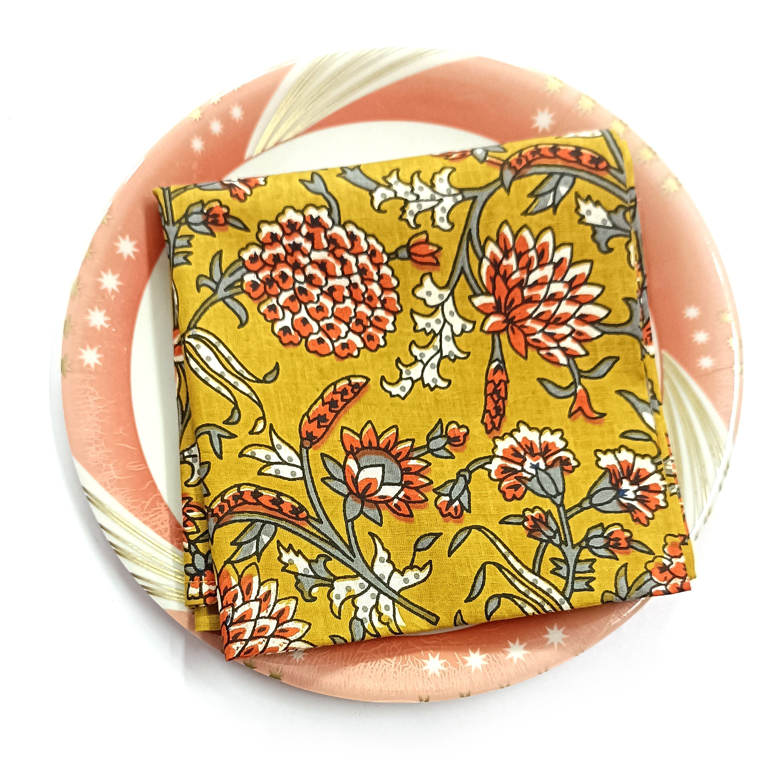 Yellow Floral Block Print Cotton Napkins: Scalloped Dinner Napkins (Set of 4)