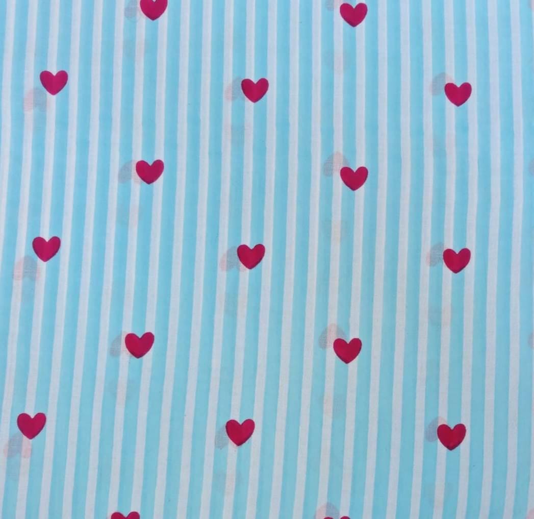 Blue Striped Cotton Fabric with Pink Hearts, Cute Heart Print Fabric, Valentine Fabric by Yard, Kids Craft Fabric, Quilting Sewing. Napkins