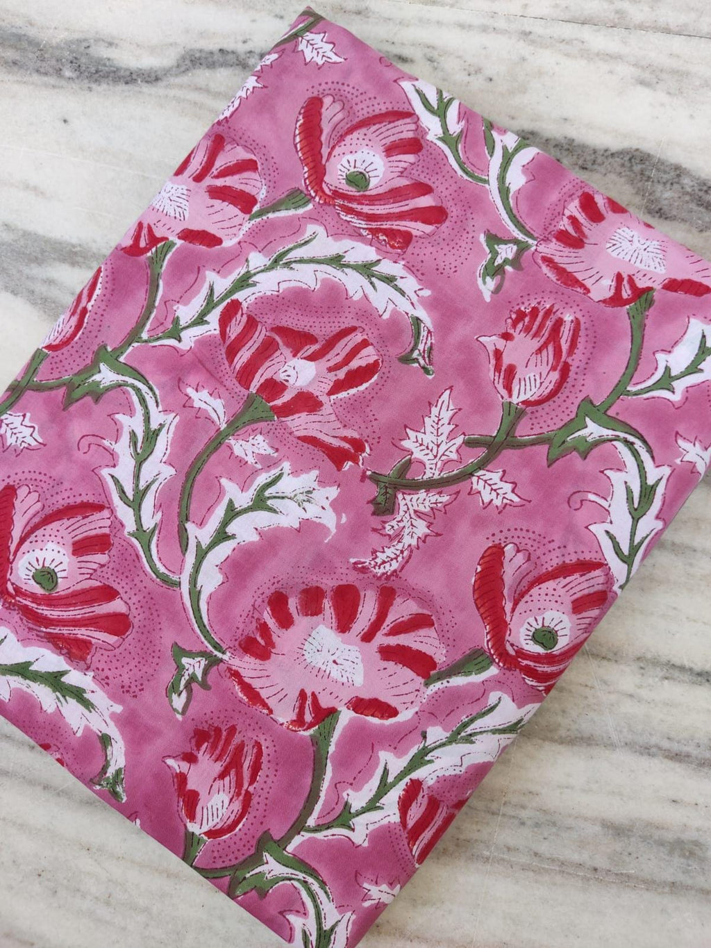 Pink Floral Cotton Fabric by the Yard, Soft Block Print Fabric for Quilting, Dressmaking, Handmade Textile, Loose Running Fabric Gifts