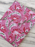 Pink Floral Cotton Fabric by the Yard, Soft Block Print Fabric for Quilting, Dressmaking, Handmade Textile, Loose Running Fabric Gifts