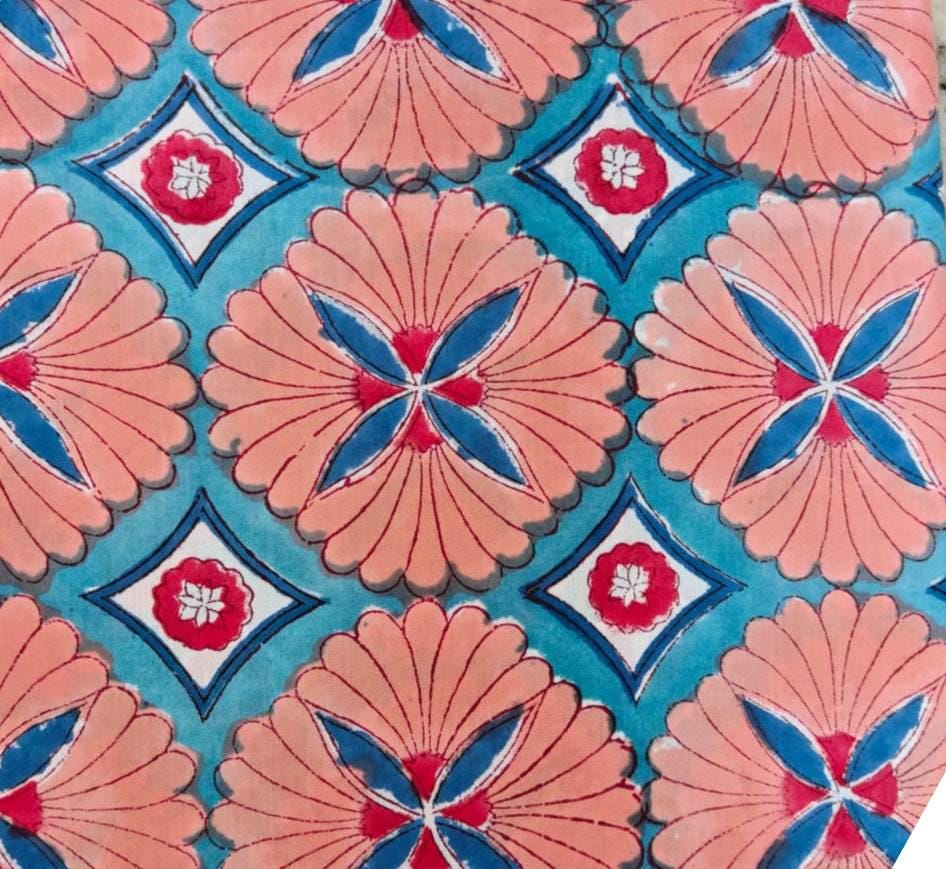 Hand Block Print Cotton Fabric, Floral Geometric Pattern, Blue Pink Indian Cotton, Quilting Sewing Craft Fabric, Soft Breathable Fabric