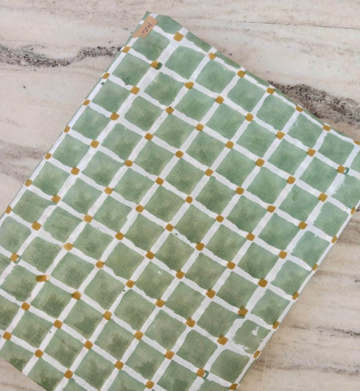 Sage Green Cotton Fabric with White Grid and Mustard Dots, Hand Block Print Cotton Material, Quilting Dressmaking Home Decor Fabric