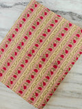 Pink and Red Floral Stripe Cotton Fabric by the Yard, Indian Block Print Fabric, Beige Green Vine Print, Quilting Sewing Craft Fabric