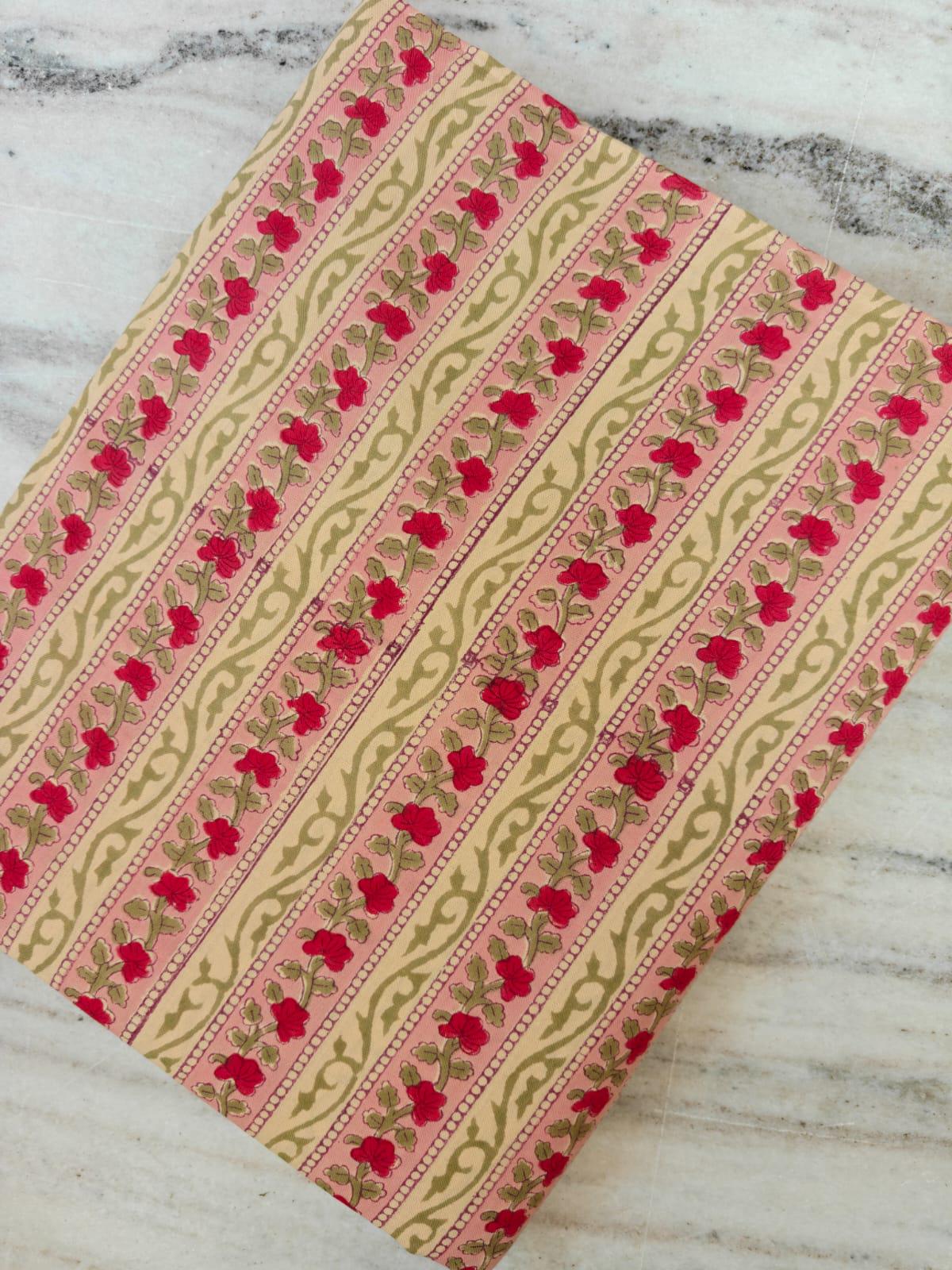 Pink and Red Floral Stripe Cotton Fabric by the Yard, Indian Block Print Fabric, Beige Green Vine Print, Quilting Sewing Craft Fabric