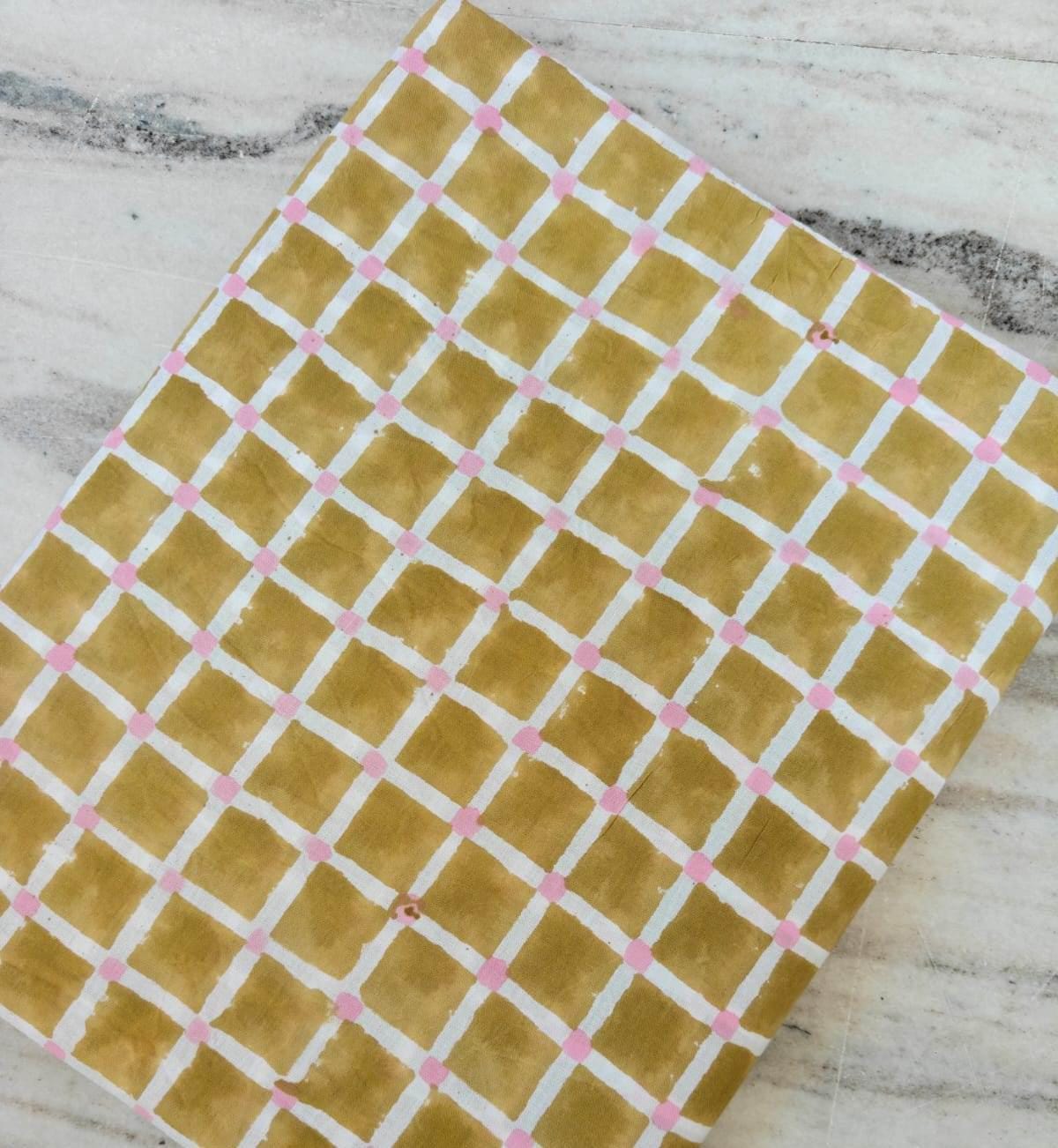 Mustard Yellow Cotton Fabric with White Grid and Pink Dots, Hand Block Print Cotton Material, Quilting Dressmaking Home Decor Fabric