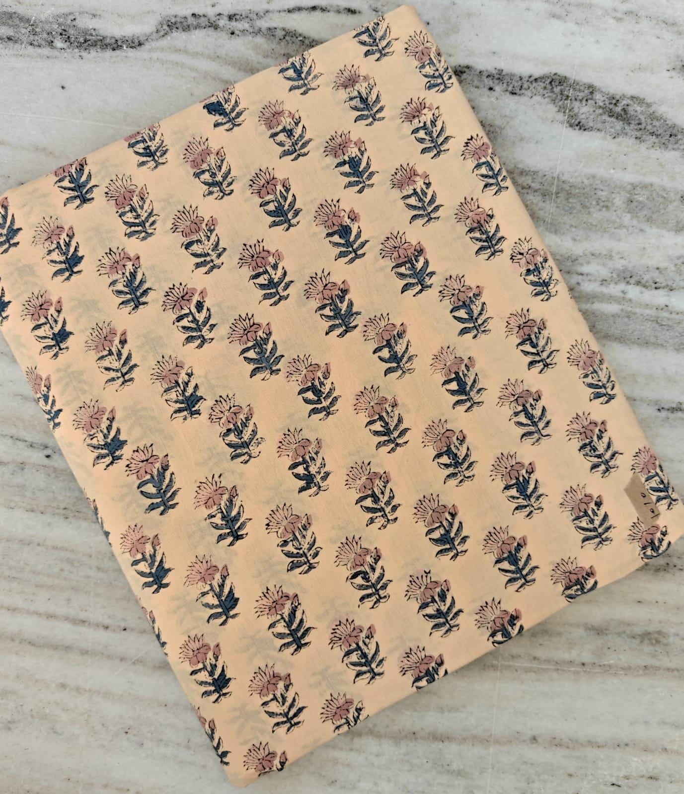Peach Floral Cotton Fabric by the Yard – Blue and Pink Hand Block Print Fabric – Indian Cotton for Quilting & Dressmaking, Napkins
