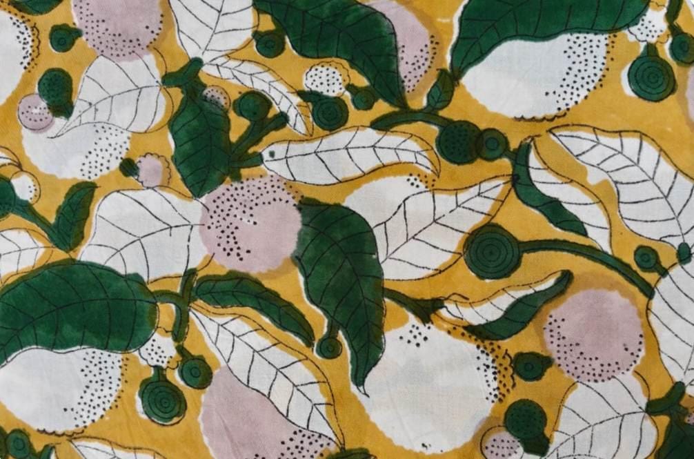 Yellow Lemon Indian Hand Block Print Fabric, Fruit Print Fabric by Yard, Green Leaf Cotton Fabric 100% Cotton Quilting Dressmaking Fabric