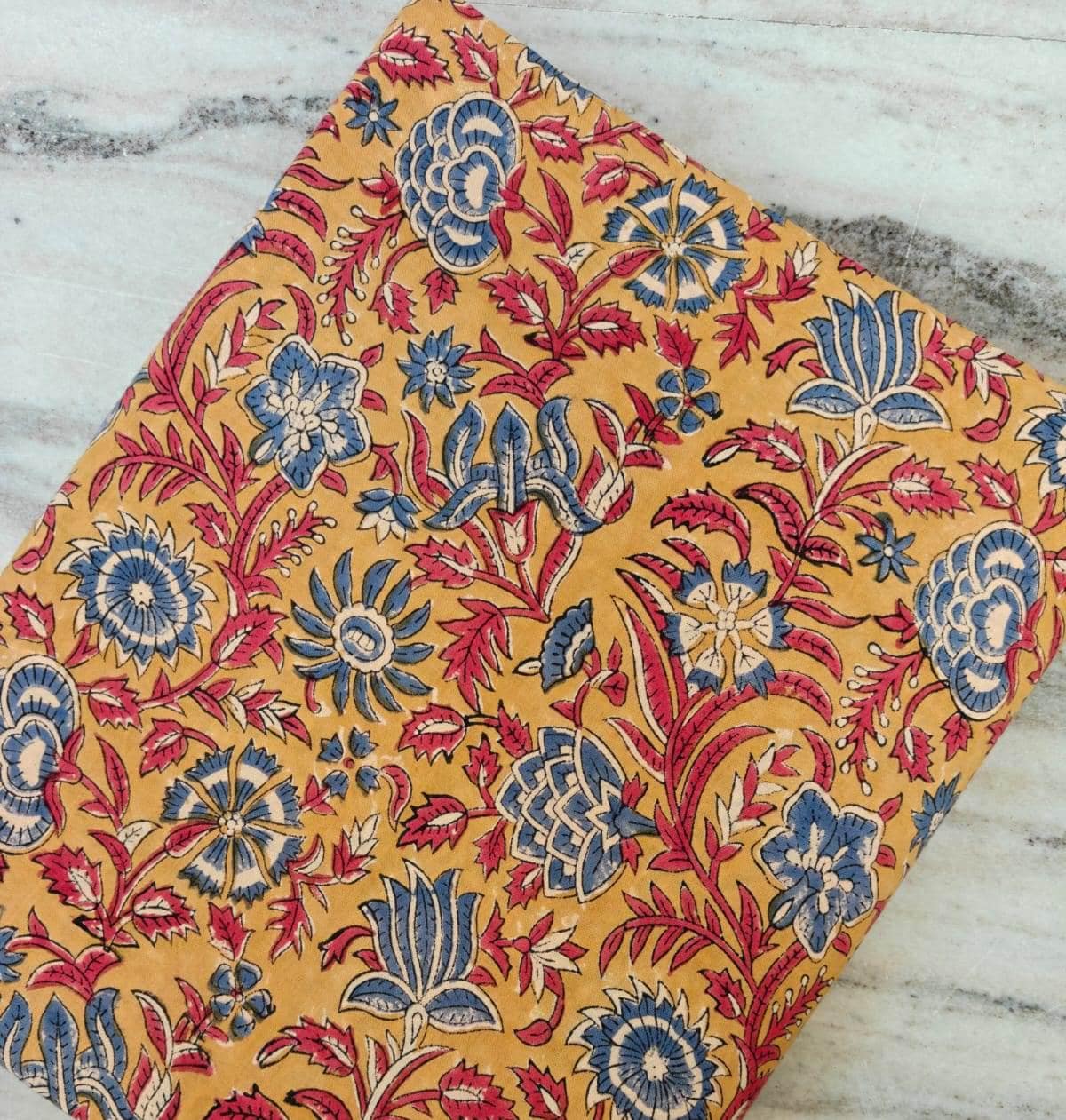 Mustard Yellow Floral Cotton Fabric by the Yard, Indian Block Print Fabric, Blue Red Flower Print, Quilting Sewing Craft Fabric, Napkins
