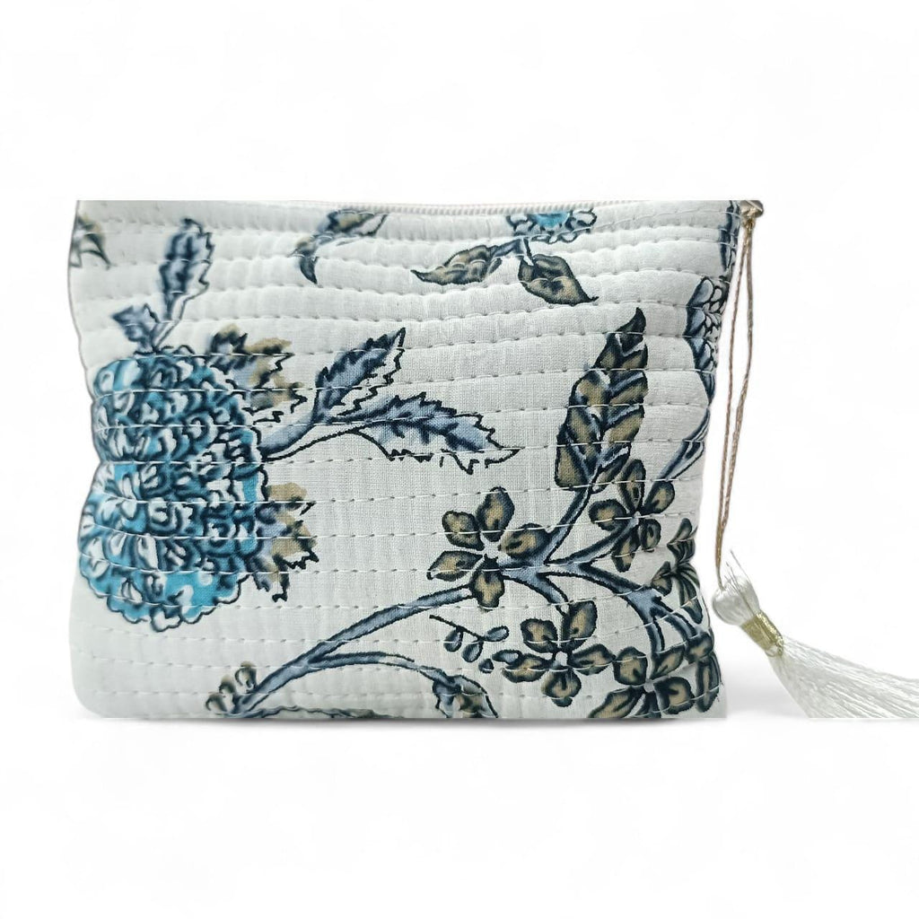 Handmade Mini Quilted Pouch | Blue Floral Block Print | Small Zipper Bag with Tassel | Personalized Fabric Pouch | Block Print Accessory Bag