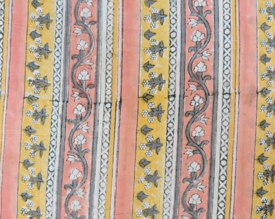 Hand Block Print Cotton Fabric, Striped Floral Indian Fabric, Yellow Peach Gray Print Soft Lightweight Cotton by Yard Sewing Quilting Fabric