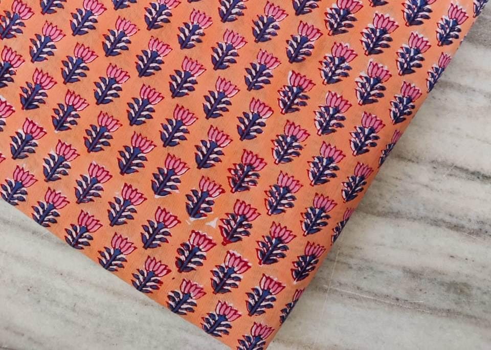 Hand Block Printed Cotton Fabric: Floral Design, Soft Material By The Yard