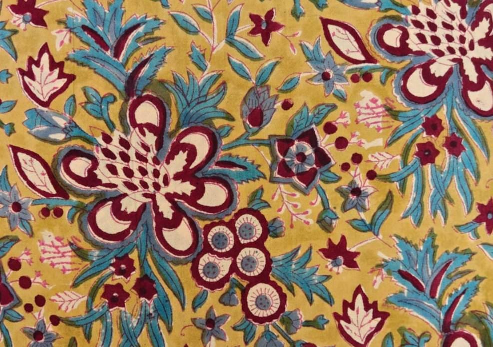 Mustard Floral Cotton Fabric by the Yard, Indian Block Print Fabric, Teal and Maroon Flower Print, Boho Craft Sewing, Loose Running Fabric