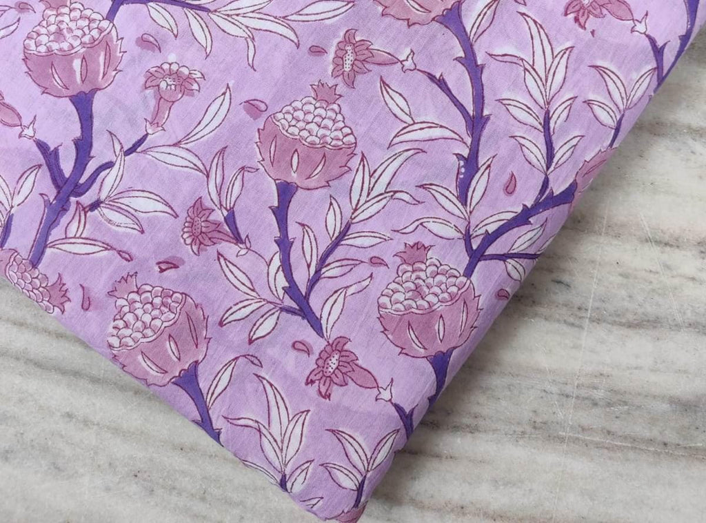 Lavender Pomegranate Cotton Fabric, Hand Block Printed Indian Fabric by Yard, Soft Quilting & Dressmaking Fabric, Textile Fabric Loose
