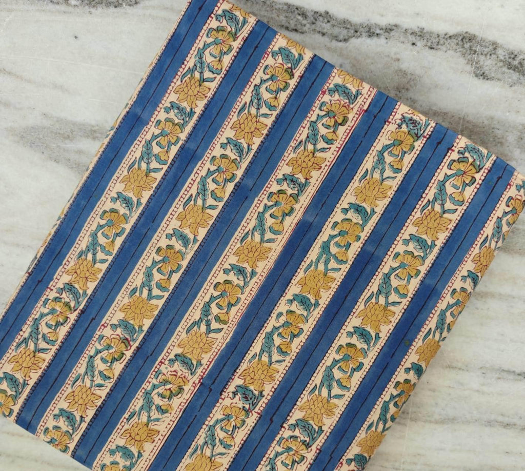 Blue Striped Floral Block Print Cotton Fabric, Indian Hand Block Print Fabric by Yard Boho Floral Stripe Cotton, Natural Cotton Dress Fabric