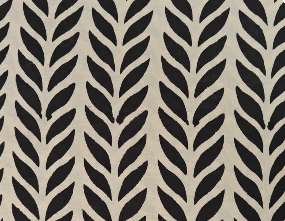 Black Leaf Print Cotton Fabric, Modern Botanical Hand Block Fabric, Home Decor By The Yard, Fabric For Dress Making, Loose Running Fabric