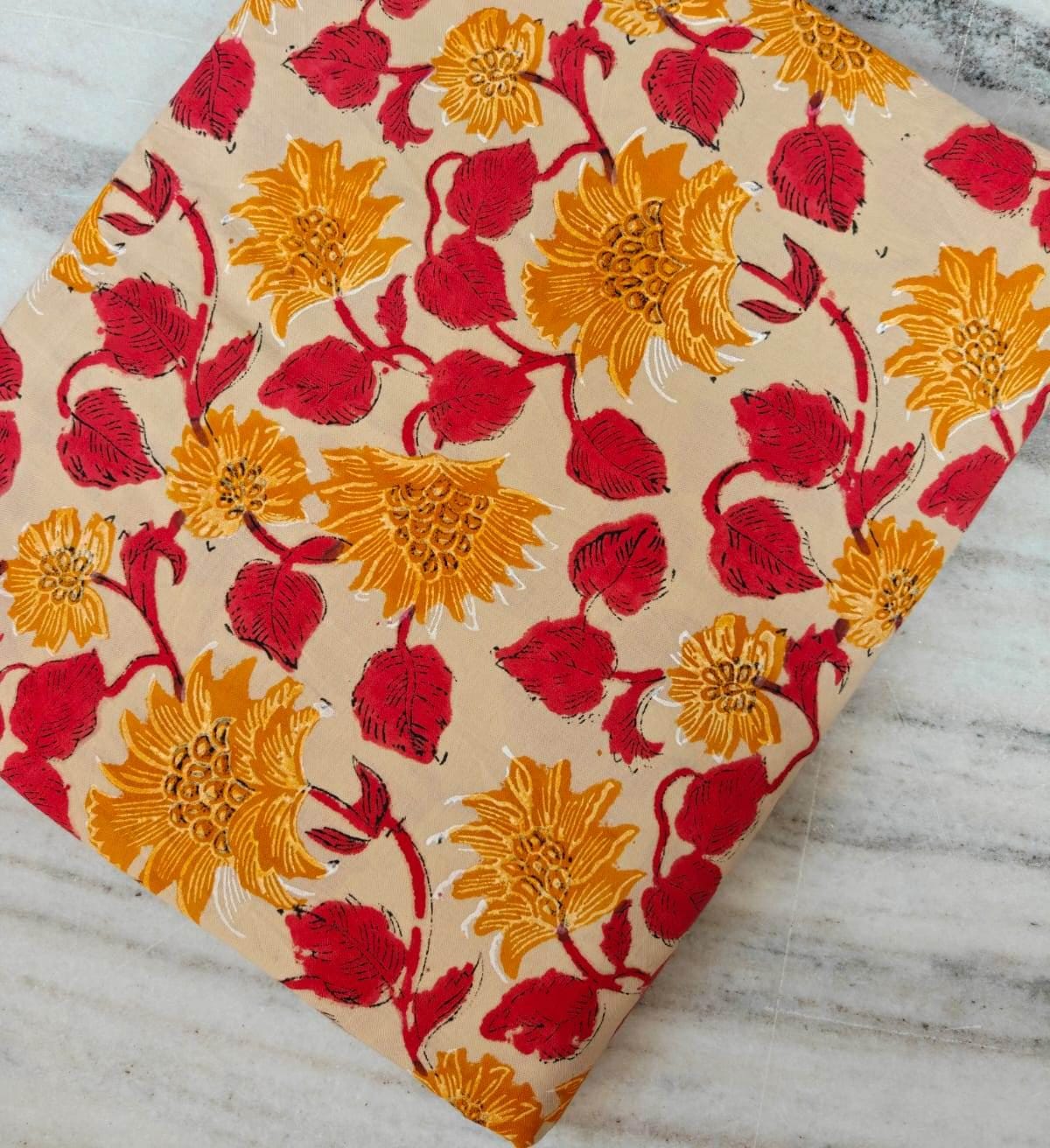 Mustard Yellow Red Floral Block Print Cotton Fabric, Retro Design Yellow Paisley Indian Hand Block Fabric by the Yard Soft Upholstery Fabric