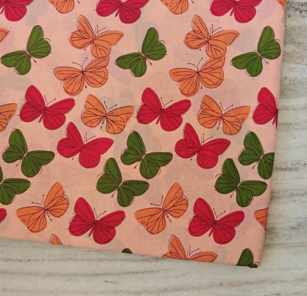 Butterfly Cotton Fabric by the Yard, Peach Background with Red Orange & Green Butterflies, Quilting Sewing Craft Dressmaking Loose Fabric