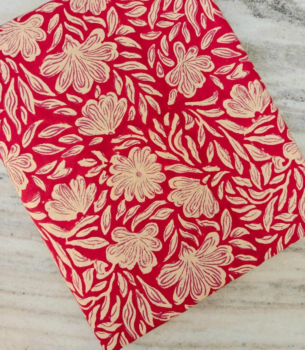 Red Floral Cotton Fabric, Beige Leaf Block Print, Indian Hand Printed Fabric by Yard, Quilting Sewing Dressmaking, Loose Running Fabrics