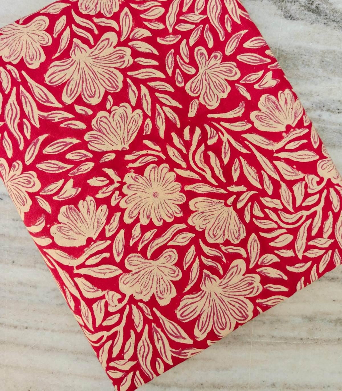 Red Floral Cotton Fabric, Beige Leaf Block Print, Indian Hand Printed Fabric by Yard, Quilting Sewing Dressmaking, Loose Running Fabrics