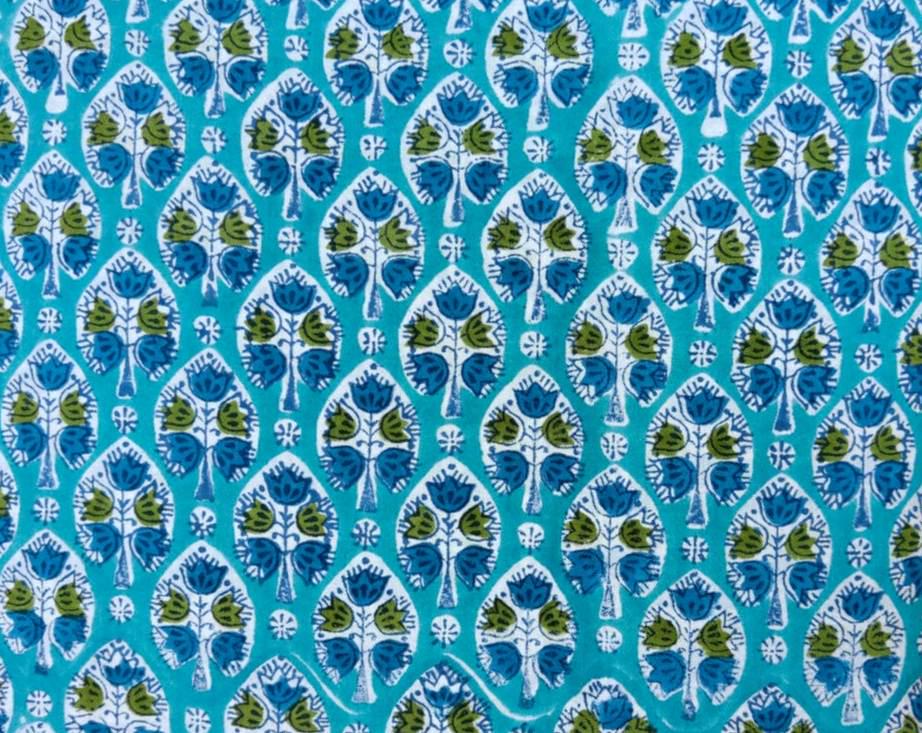 Turquoise Floral Cotton Fabric by Yard, Block Print Cotton Fabric, Indian Floral Fabric, Quilting Fabric, Craft Fabric, Dressmaking Cotton