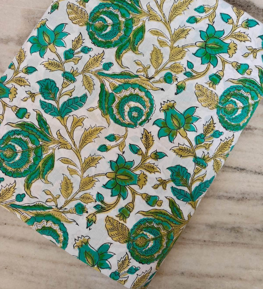 Green Floral Cotton Fabric by the Yard, Indian Block Print Fabric, White Botanical Vine Print, Boho Quilting Dressmaking Craft Fabric
