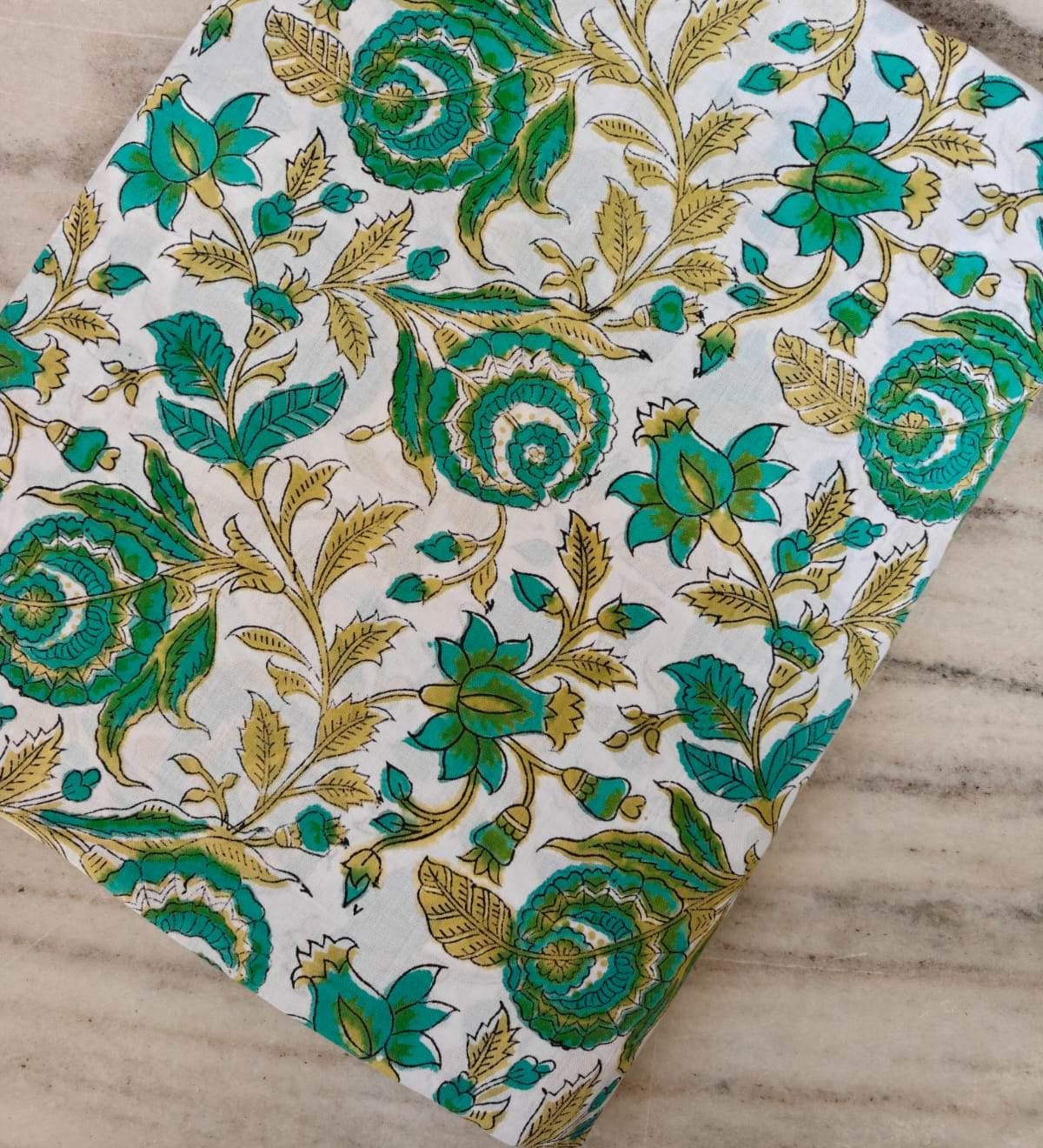Green Floral Cotton Fabric by the Yard, Indian Block Print Fabric, White Botanical Vine Print, Boho Quilting Dressmaking Craft Fabric